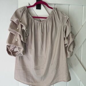 Roz & Ali Pearl-Embellished Ruffle Sleeve Blouse - Taupe